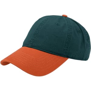 A solid colour cap featuring a dark green body and an orange peak. It includes a logo on the side.