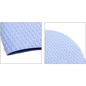 A blue silicone swimming cap featuring a textured surface with water droplets. It has a branding logo.