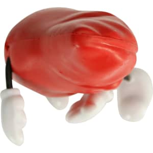 A red liver-shaped stress reliever with white hands and legs, featuring a playful design.