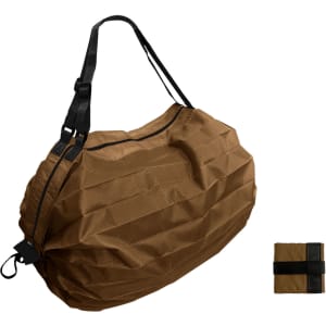 A foldable shoulder bag in brown, featuring a black strap and a compact folded version beside it.