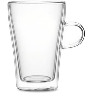 A transparent double wall mug with a handle, featuring a sleek, modern design.
