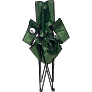 A green large foldable portable camping chair, compactly stored with a metal frame and a small round detailing.