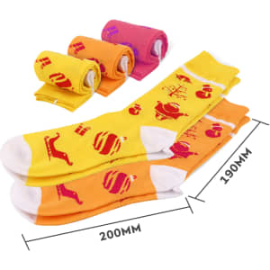 Brightly coloured woven socks in yellow and orange, featuring various playful patterns. Includes rolled socks in pink and yellow.