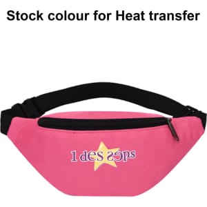 A pink bum bag with a zippered closure and an adjustable black strap. It features a logo on the front.