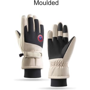 Ski gloves in beige and black featuring a snug fit and a branded logo on the back.