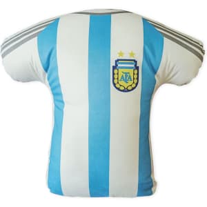 A custom pillow resembling a football jersey in light blue and white stripes, featuring a logo on the front.