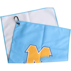 A blue golf towel with a clip and a logo, featuring a white section on one side.
