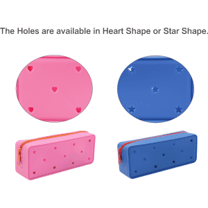 A pink and blue silicone pencil case with heart and star-shaped holes, featuring zippers and a logo.