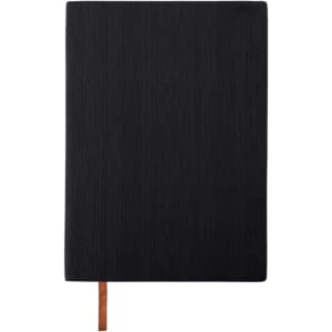 A black PU leather notebook with a textured surface and a brown ribbon bookmark. It features a logo on the cover.