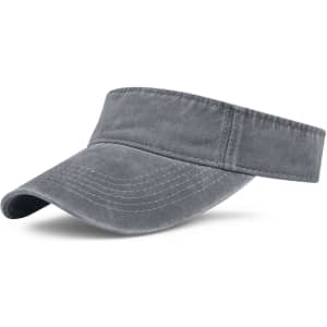 A grey washed sun visor with a wide brim and an adjustable band, featuring a logo on the side.