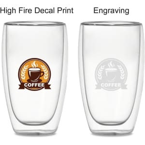 A double wall glass product with a coffee-themed logo and a smooth, clear design. Features options for print and engraving.