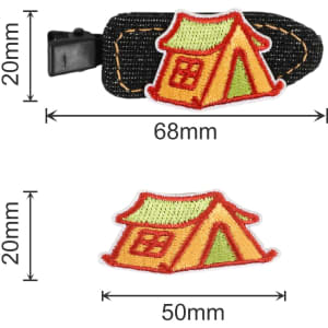A denim hair clip featuring an embroidered design of a colourful tent, with a secure clasp and measuring 68mm.