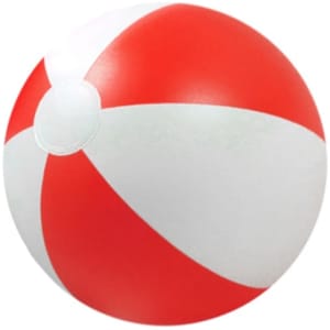 An inflatable beach ball with red and white stripes, featuring a small logo on its surface.