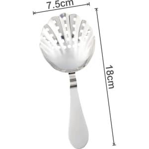 A silver bar strainer with a shell-shaped head and a long handle, featuring holes for straining liquids.