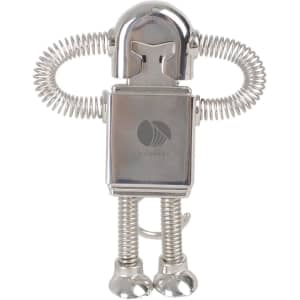 A shiny silver robot-shaped flash drive with coiled arms and legs. The product features a logo on the surface.