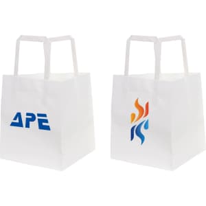 Two flat handle kraft paper bags in white, featuring logos on each side. Each bag measures 150x170x150mm.