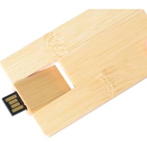 A wooden credit card flash drive in a natural finish, featuring a retractable USB connector.