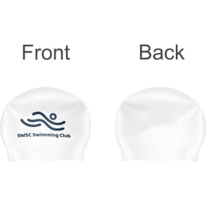 A seamless silicone swimming cap in white, featuring a logo on the front side.