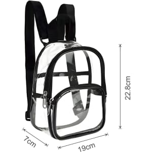 A clear mini backpack with black accents, featuring adjustable straps and dimensions visible.