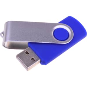 A blue Belton swivel flash drive with a metallic swivel cap, featuring a logo on the side.