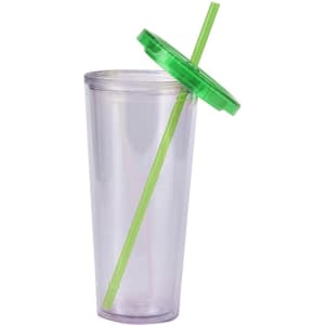 A clear plastic cup with a green lid and straw, designed for drinkware use. It features a logo.