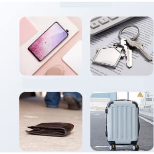A collection of items including a smartphone, keys, a wallet, and a suitcase, all set on a light background.
