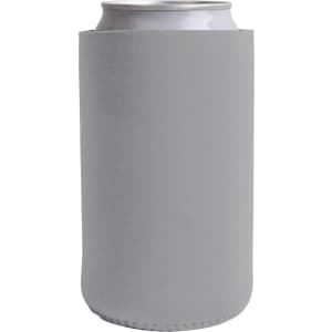 A drink bottle holder in light grey, featuring a smooth surface and a logo. Suitable for standard cans.