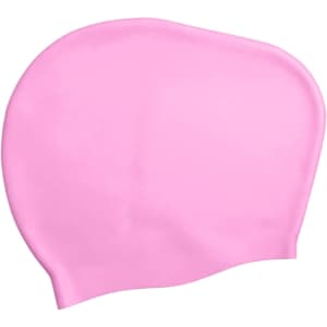 A pink silicone swim cap designed for women with long hair, featuring a smooth surface and a logo.