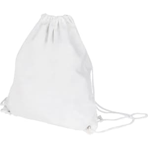 A white drawstring cotton bag with gathered top and cords for closure, featuring a logo.