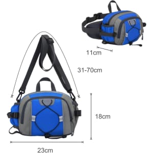 A drink bottle holder waist bag in blue and grey with adjustable straps and a logo. Dimensions are 23cm x 18cm x 11cm.