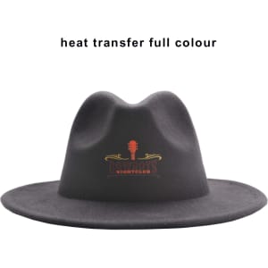 A black felt wide brim fedora hat with a logo on the front, featuring a distinct shaped crown.