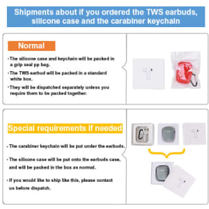 A pack of wireless earbuds with a silicone case and carabiner keychain, all in a standard white box.