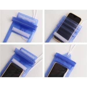 A blue waterproof phone bag with a neck string and a clear front, featuring a logo and a secure fastening.