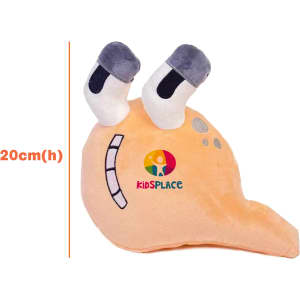 A plush toy shaped like a snail, featuring an orange body and grey accents, with a logo visible on it.