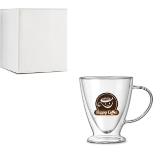 A V-shaped double wall mug in clear glass with a handle, accompanied by a plain white box.