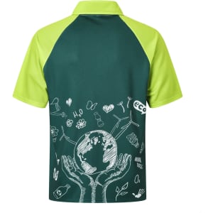 A green and lime unisex polo shirt with a graphic design featuring a globe and hands on the back.