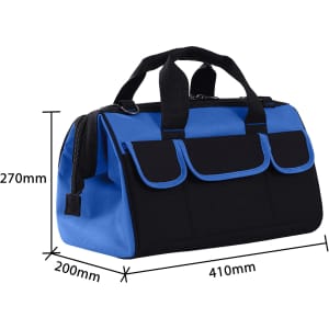 A tool bag in black and blue, featuring multiple pockets and a durable handle. It has a rectangular shape.