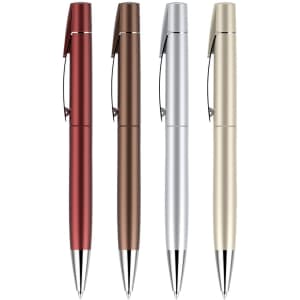 Four metallic ballpoint pens in red, brown, silver, and gold, featuring clip designs and shiny finishes.