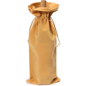 A drink bottle bag in a warm golden hue, featuring a drawstring closure and a cork stopper. It has a branding logo.