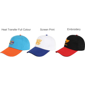 Three caps in varying colours: a blue cap with an orange brim, a white cap with a blue brim, and a black cap with a red brim. Each has a logo.
