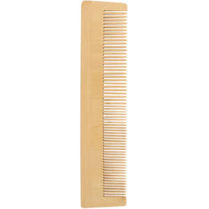 A fine-tooth bamboo comb in a natural light brown colour, featuring narrow teeth and a smooth, sleek design.