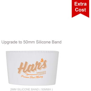 A drink container featuring a white silicone band, with branding and a smooth exterior.