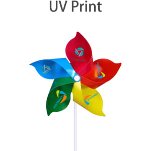 A five-leaf pinwheel in red, yellow, green, and blue, featuring logos and a white handle.