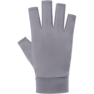 A pair of grey fingerless gloves designed for sun protection, featuring a sleek, smooth finish.