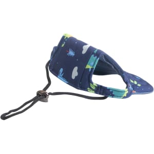 A navy blue dog baseball hat featuring a playful pattern of various colours and a strap for secure fitting.