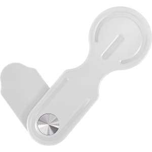 A white plastic magnetic phone holder designed for laptops, featuring a metallic circular button and sleek design.