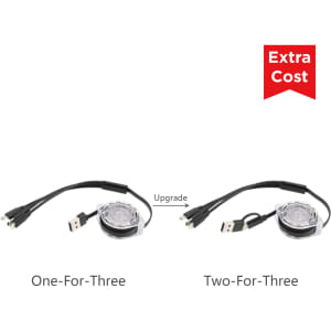 A retractable charging cable in black with multiple connectors and a clear casing, featuring a logo.