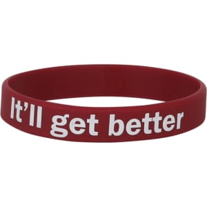 A red silicone wristband with the phrase “It’ll get better” printed in white. The wristband includes a logo.