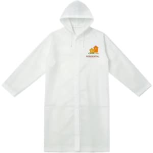A white raincoat with a hood and a logo, featuring a button-up front and long sleeves.