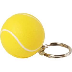A yellow keyring featuring a tennis ball stress item with a white seam. Includes a metal keyring attachment.